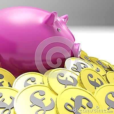 Piggybank Surrounded In Coins Shows Britain Finances Stock Photo