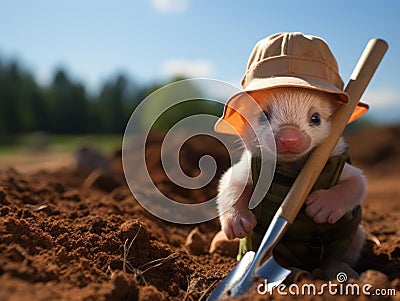 Piglet dressed as construction worker with tools Stock Photo