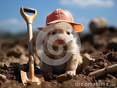 Piglet dressed as construction worker with tools Stock Photo