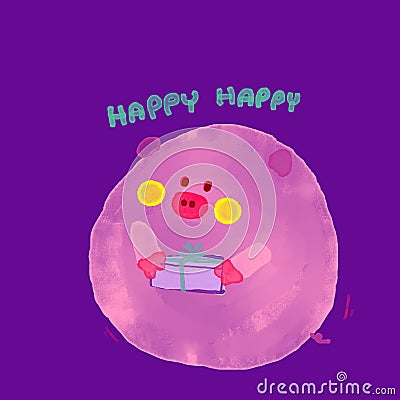 Piglet is holding a gift on violet background. Cartoon Illustration