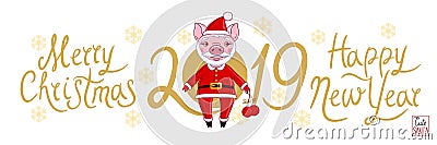 Piglet in the role of Santa Claus white background text 2019 Vector Illustration