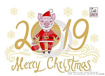 Piglet in the role of Santa Claus which holds in his hand Christmas balls Vector Illustration