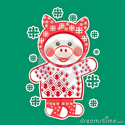 Piglet in winter clothes and snowflakes Vector Illustration