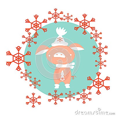 Piglet in winter in a white hat. In the circle of red snowflakes, vector illustration Vector Illustration