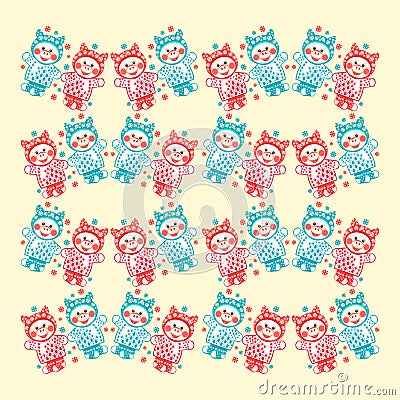Piglets. A Christmas patterns background piglets & snowflakes. Pattern backdrop with pigs in winter clothes, ornamental backdrop. Vector Illustration