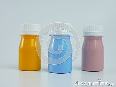 pigment resin paint in the bottle, many colors have pink, blue, and orange Stock Photo