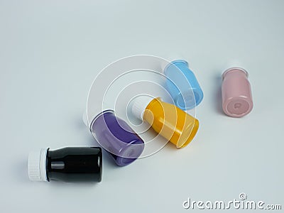 pigment resin paint in the bottle, many colors there are purple, pink, blue, orange, and black Stock Photo