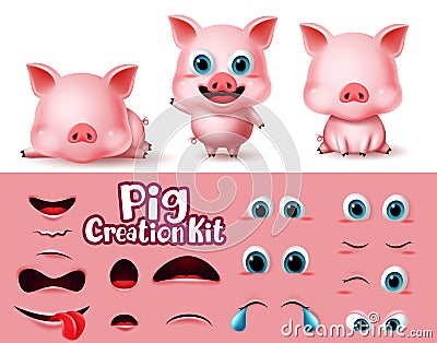 Pigs animal characters creator vector set. Pig animals character eyes and mouth editable create kit in cute facial expression. Vector Illustration