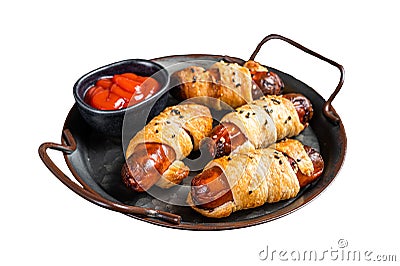 Pigs in Blanket puff pastry sausage wrap roll. Isolated, white background. Stock Photo