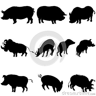 Pigs and boars silhouettes set Vector Illustration