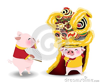 Pigs cartoon with lion dance for Chinese new year Vector Illustration