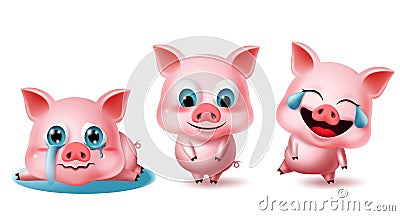 Pigs character vector set. Pig animal characters 3d elements in different pose and expressions like crying, blissful, laughing. Vector Illustration