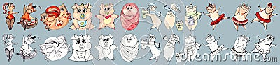 Pigs are different, in the costumes of dancers and kids. Set in color and black and white version Vector Illustration