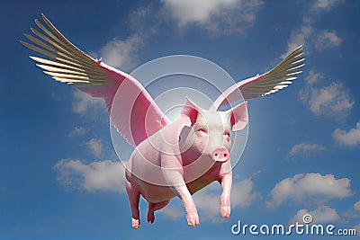 When pigs fly or pigs might fly idiom. Pig with wings. Generative AI. Stock Photo