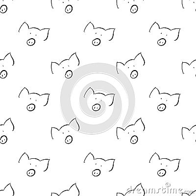 Pigs Outline Simple Seamless Pattern on White Background Vector Illustration