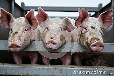 Pigs in truck transport from farm to slaughterhouse. Meat industry. Animal meat market Stock Photo