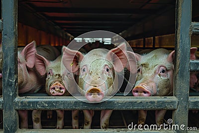 Pigs in truck transport from farm to slaughterhouse. Meat industry. Animal meat market Stock Photo