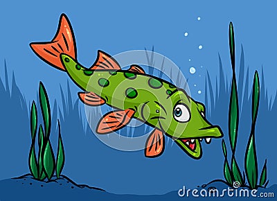 Pike fish swim river cartoon Cartoon Illustration