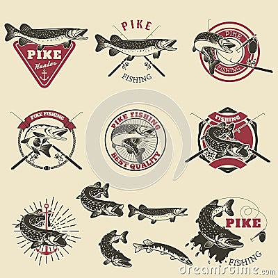 Pike fishing labels. Vector Illustration