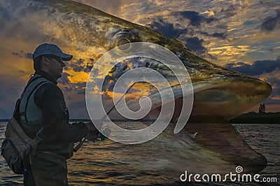 Pike fishing. Photo collage of angler with spinning rod on soft focus muskie fish on cloudy sunset background Stock Photo