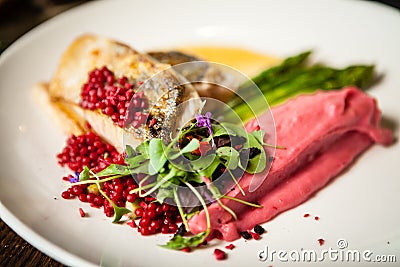 Pike-perch fillet. Asparagus, pearl couscous, white wine sauce, beet-flavored mashed potatoes. Delicious seafood fish Stock Photo