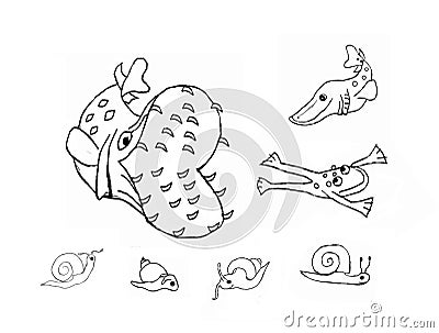 Pikes and frog, colouring book page uncolored Stock Photo