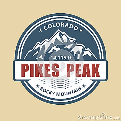 Pikes Peak, Colorado symbolic stamp, emblem with snow covered mountains Vector Illustration