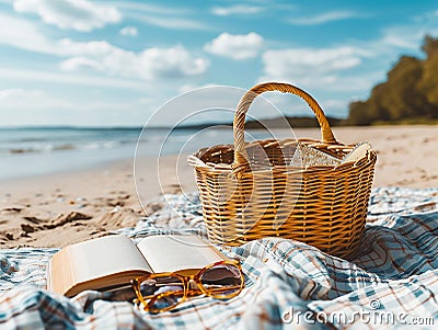 Piknik basket, book and glasses on blanket under umbrella on beach sand Stock Photo