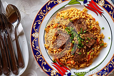 Pilaf on a plate nutritious food top view Stock Photo