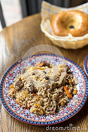 Pilaf Rice with Lamb and Chickpeas, Uzbek Plov Stock Photo