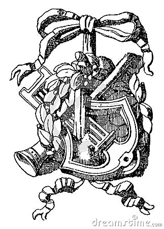 Pilaster Panel Symbol is a lyre, vintage engraving Vector Illustration