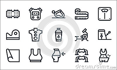 pilates line icons. linear set. quality vector line set such as diet, diet, yoga mat, pushups, top, contour step barrel, rowing Vector Illustration