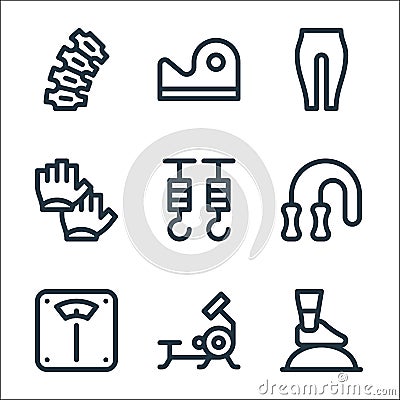 pilates line icons. linear set. quality vector line set such as bosu ball, rowing machine, scales, skipping rope, hook, gloves, Vector Illustration
