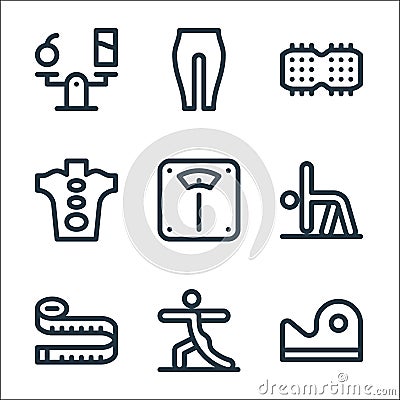 pilates line icons. linear set. quality vector line set such as contour step barrel, yoga, measuring tape, yoga, scales, hot stone Vector Illustration