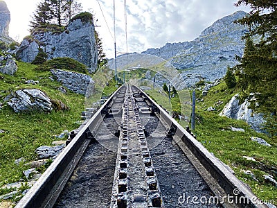 Pilatus Railway - The steepest cogwheel railway in the world Zahnradbahn Alpnachstad â€“ Pilatus Kulm, Alpnach - Switzerland Stock Photo