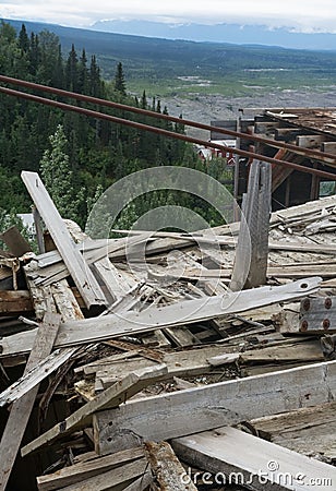 Pile of abandoned lumber at copper mine Stock Photo