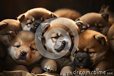 A pile of adorable Akita puppies cuddled together, perfect for showcasing the breed's charm. Generative Ai Stock Photo