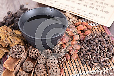 A pile of all kinds of traditional Chinese medicine and prescriptions and a bowl of decocted decoction Stock Photo