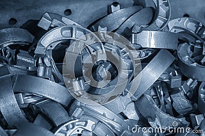 The pile of aluminum drum brake parts from casting process Stock Photo