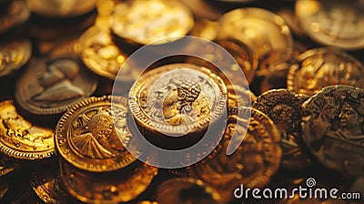 Pile of Ancient gold coins, lot of old Greek Roman money. Concept of Greece, wealth, antique, collection, golden treasure and Stock Photo