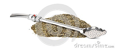 Pile of aromatic mate tea and bombilla on white background Stock Photo