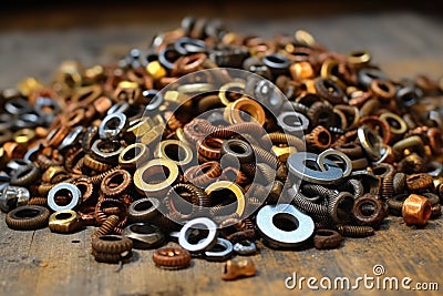 pile of assorted bicycle nuts, bolts, and washers Stock Photo