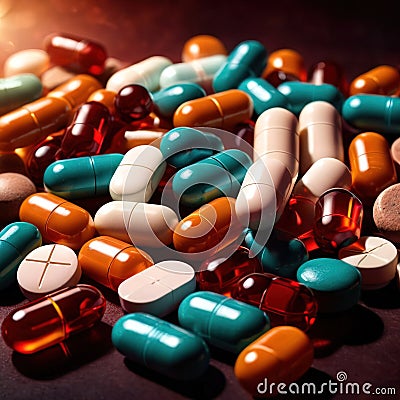 Pile of assorted pharmaceutical prescription pills with drugs, medicine, vitamins and supplements Stock Photo