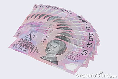 Pile of Australian Five Dollar Banknotes Editorial Stock Photo