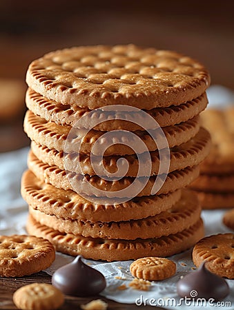 Pile of baked chocolate biscuits with choco chips on white background.AI generated Stock Photo