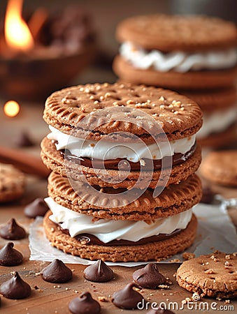 Pile of baked chocolate biscuits with choco chips on white background.AI generated Stock Photo