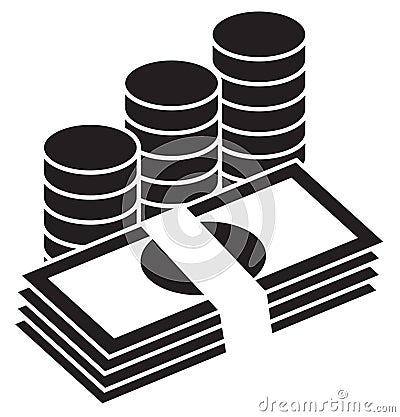 Pile of bank notes or bills and coins stacked. Stock Photo