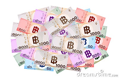 Pile banknote money thai baht isolated on white, money 1000, 500, 100, 50, 20 baht in top view, thai currency THB, paper money for Vector Illustration