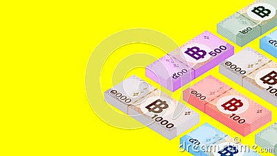 Pile banknote money thai baht 1,000, 500, 100, 50, 20 type, stack currency money THB, bank note money for business and finance Vector Illustration