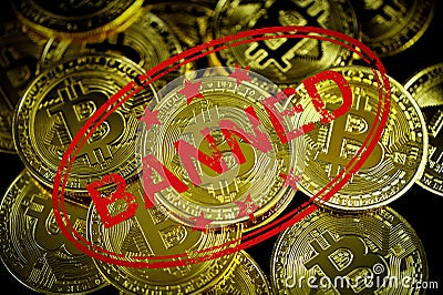 Pile of Bitcoin and red banned sign Stock Photo